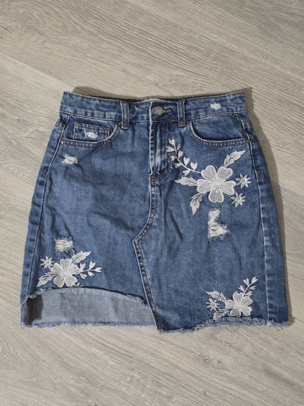Velvet Heart Blue Denim Mini Skirt with White Floral Embroidery
